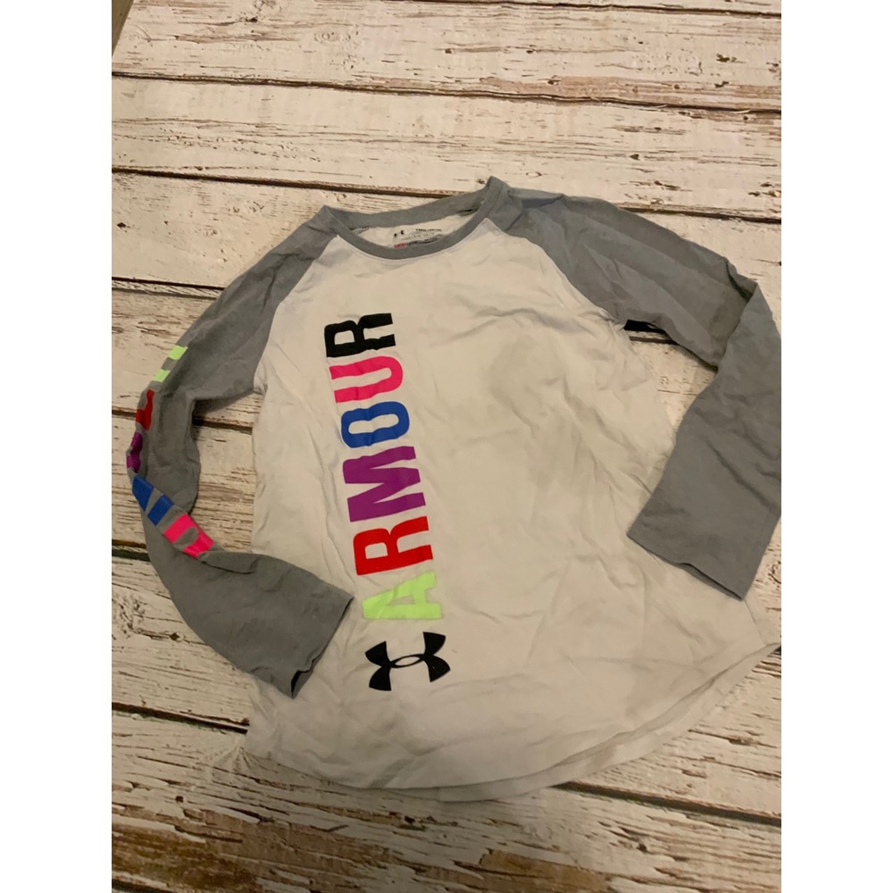 Under Armour Girls HeatGear Long Sleeve Shirt White Grey Multi Logo Size YMD